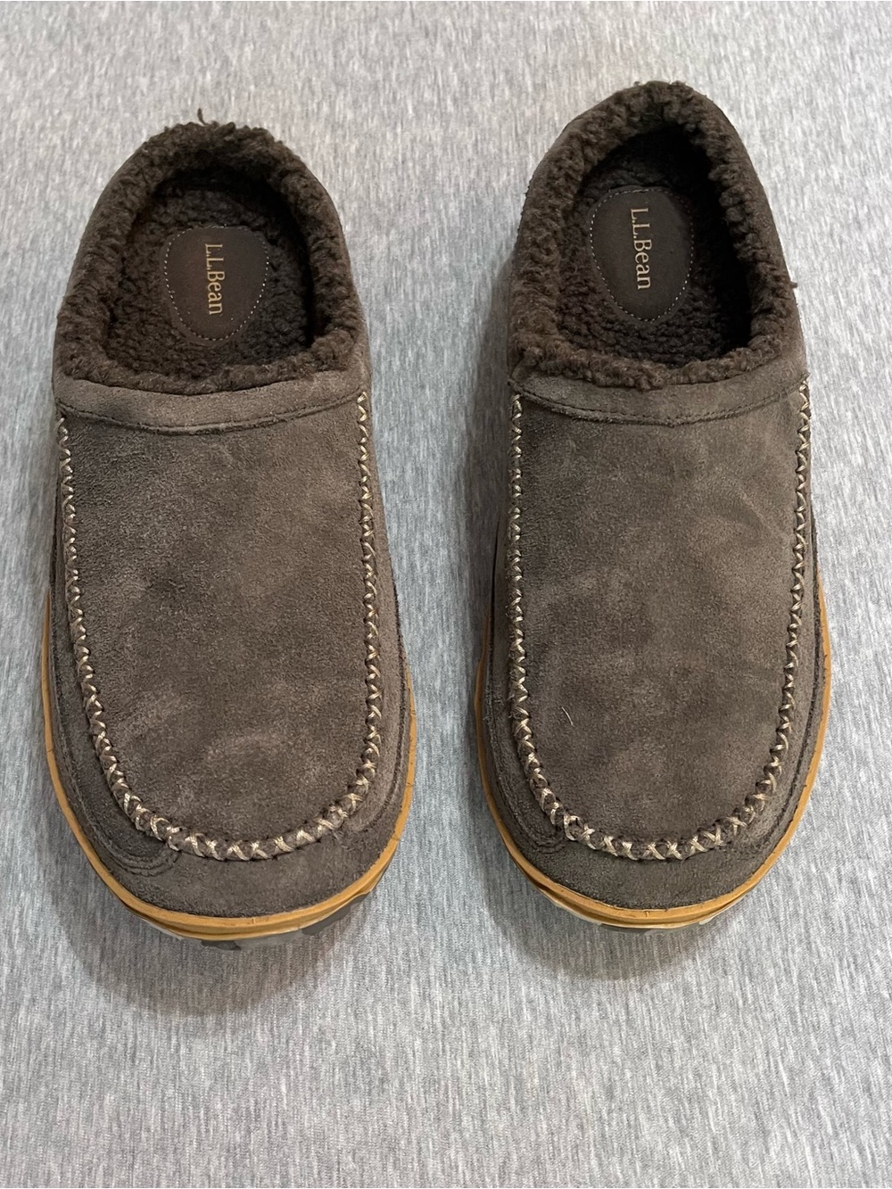 L.L.Bean Men’s Wicked Good Moccasin Slippers Brown Suede Sherpa Lined Size 12 M - Picture 4 of 5